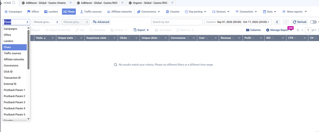 Voluum dashboard showing flows and campaign reporting options